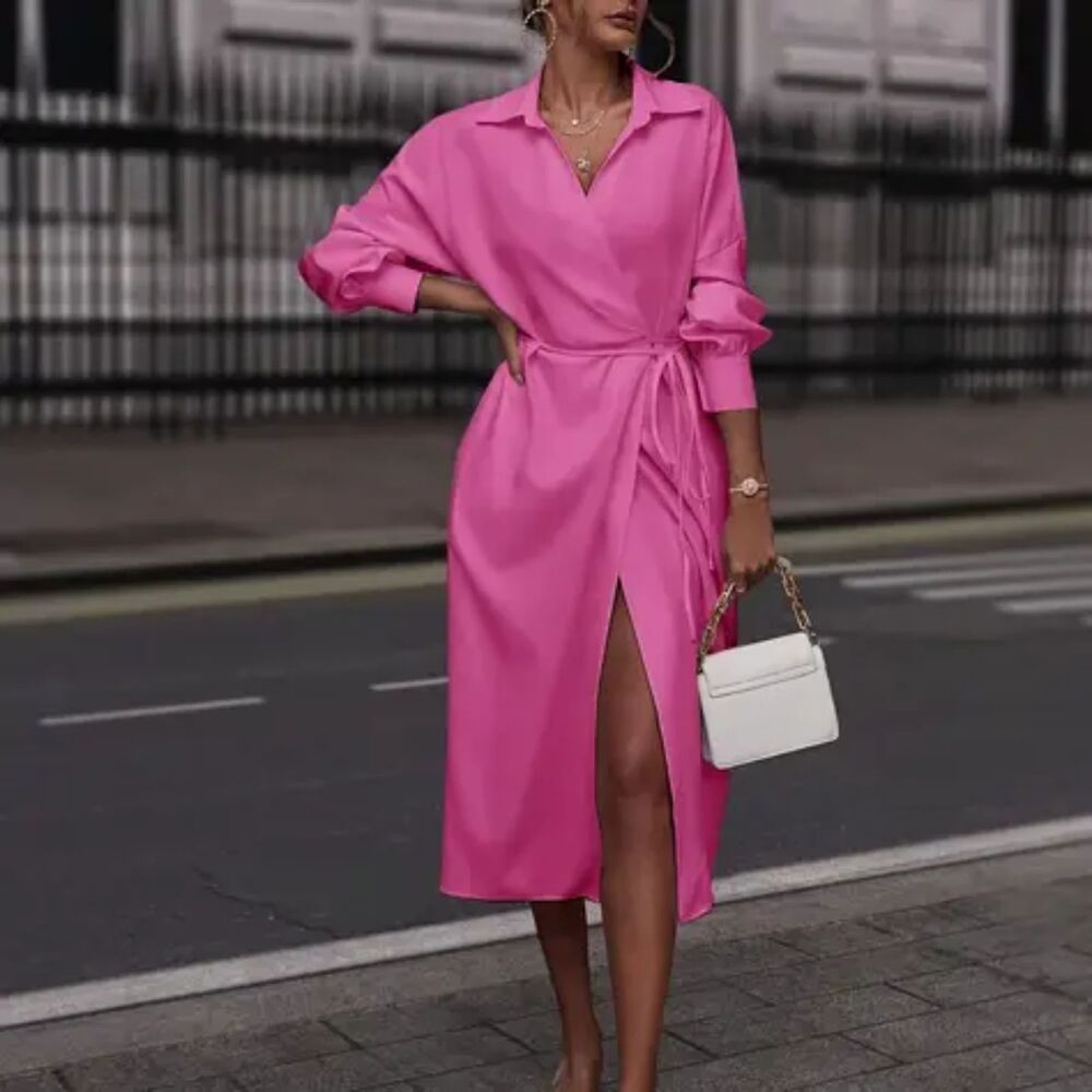 NIB-Women's Stylish Mid-Length Shirt Dress - Pink, Long Sleeve, Tie-Front S-M